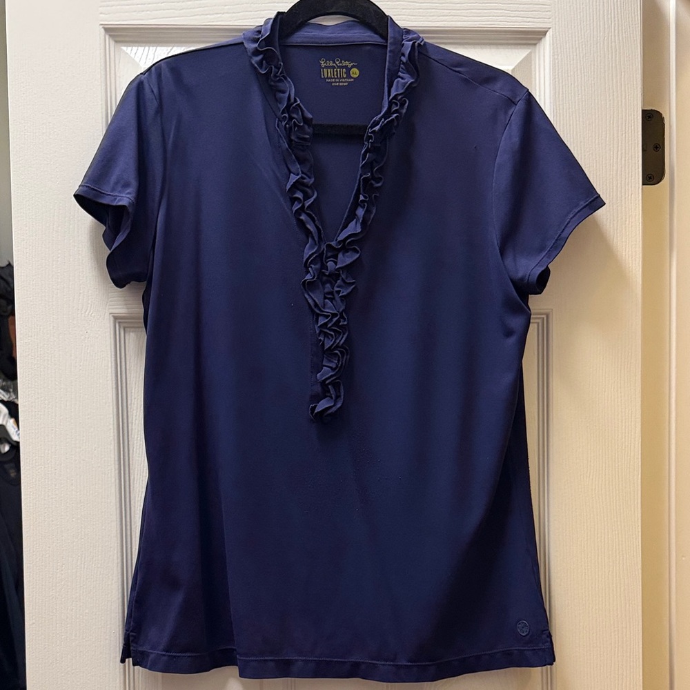 Lilly Pulitzer Luxletic Navy Ruffle V-Neck Blouse